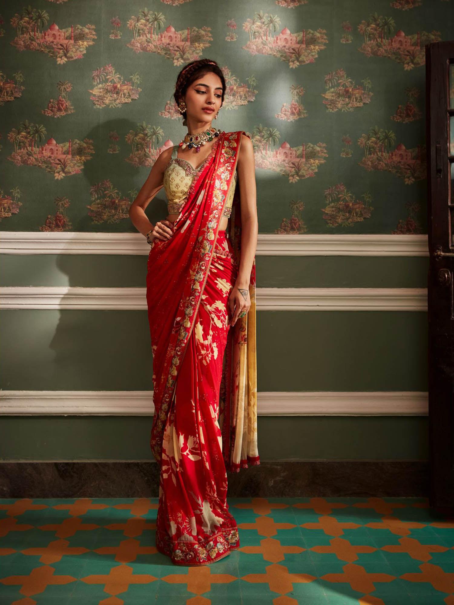 red rehmat pre-draped saree with stitched blouse