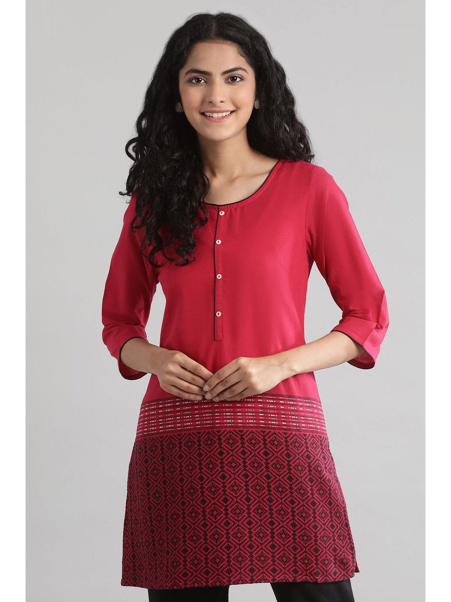 red round neck printed yarn-dyed kurti