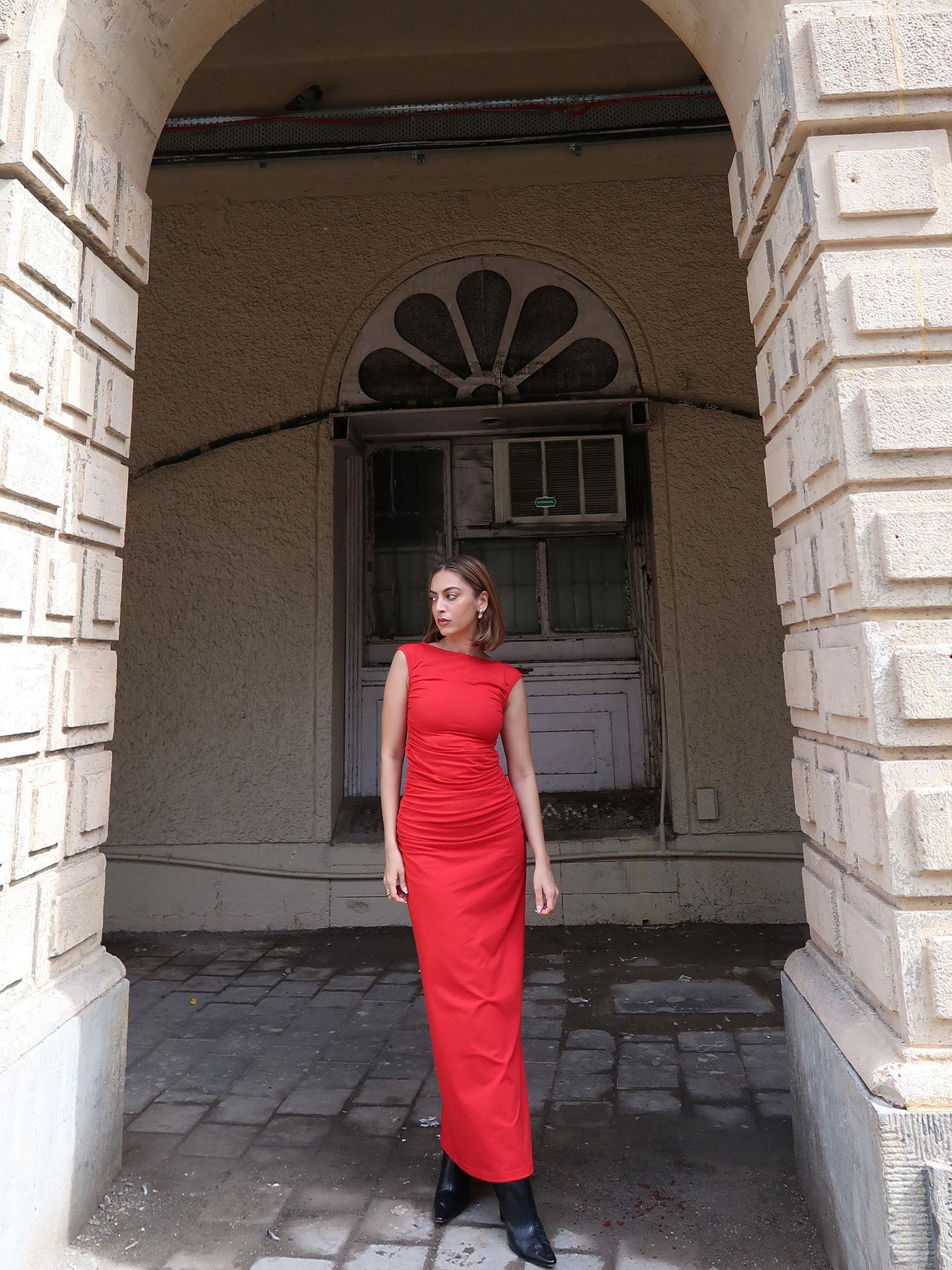 red ruched maxi dress