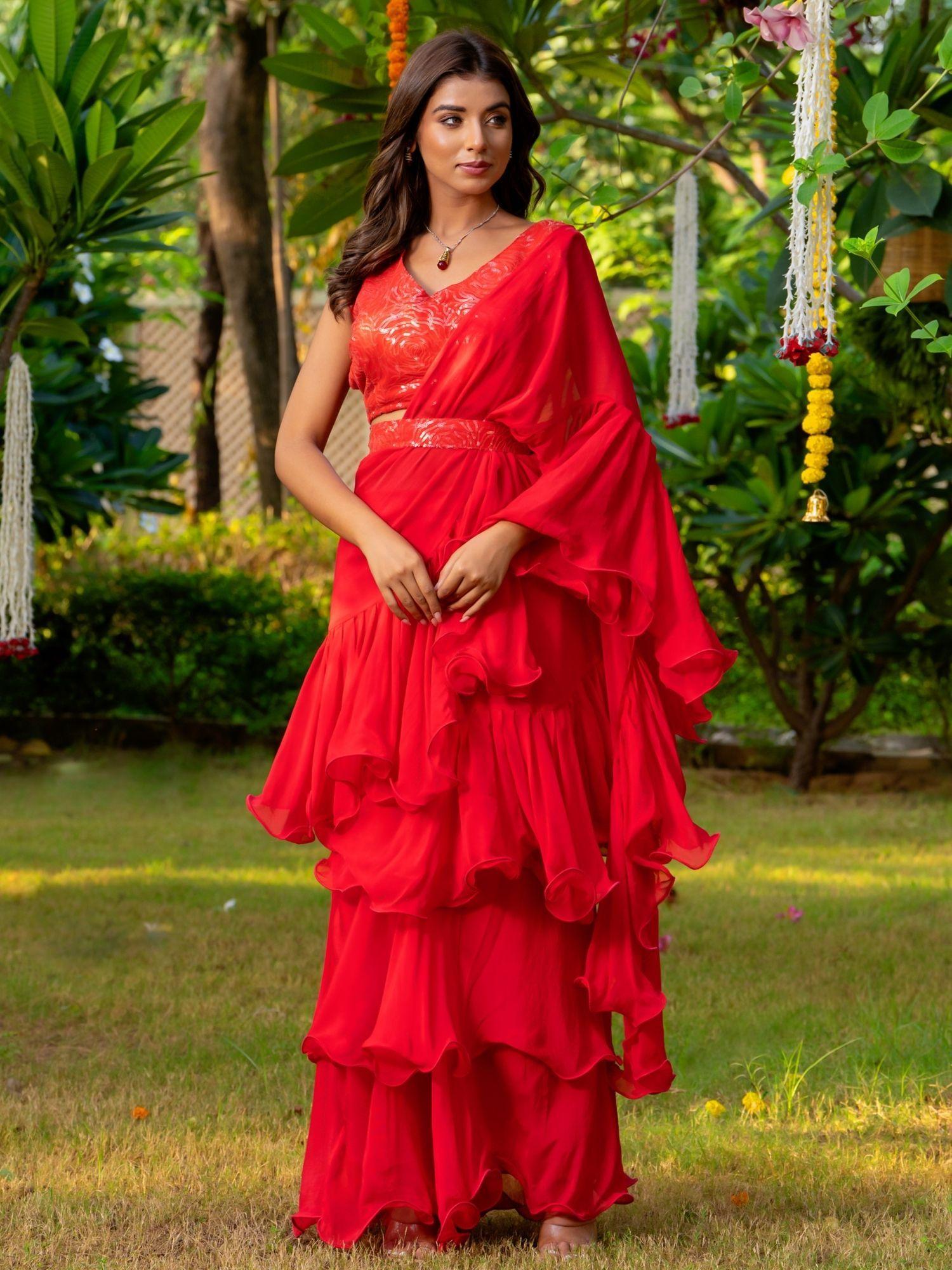 red ruffle saree with stitched blouse