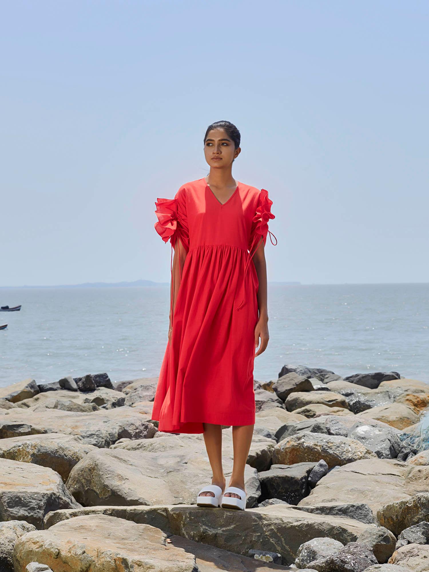 red ruffle sleeve dress