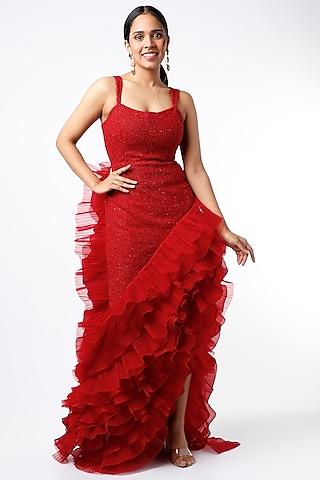 red ruffled asymmetrical gown