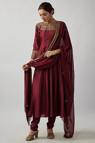 red russian silk sequin & thread embellished anarkali set