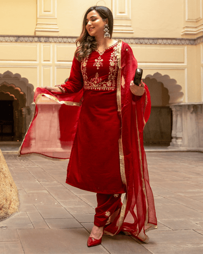 red rythm velvet handcrafted suit set