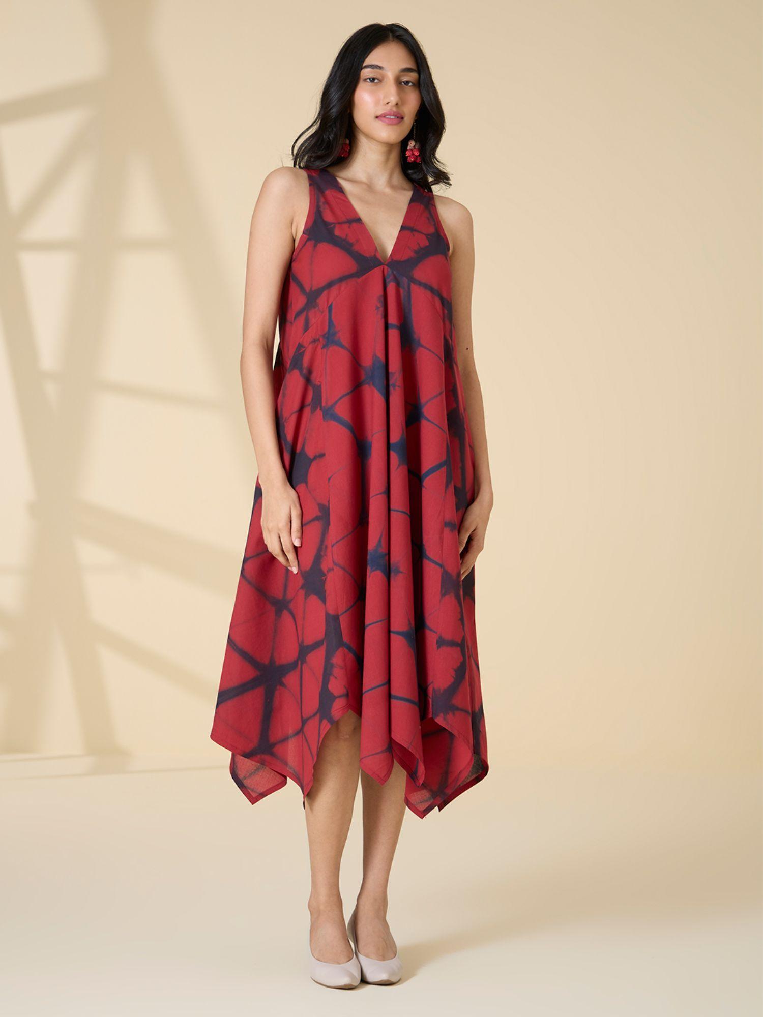 red sangria tie-and-dye pure cotton sleeveless dress