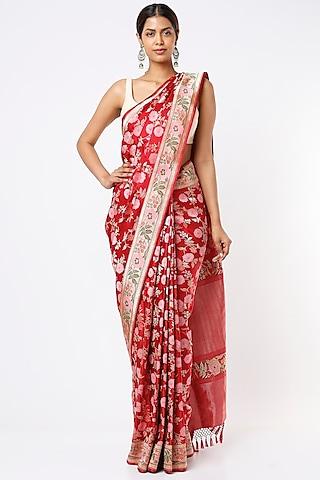 red saree set with zari work