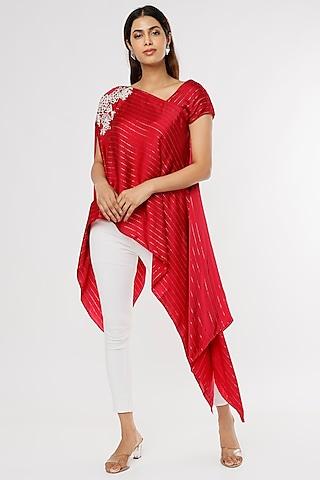 red satin asymmetrical tunic