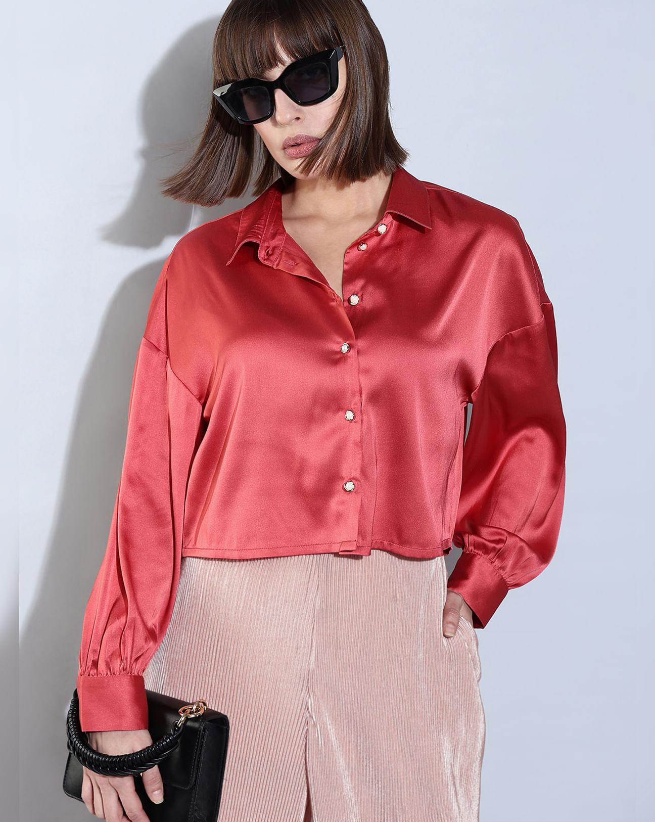 red satin cropped shirt