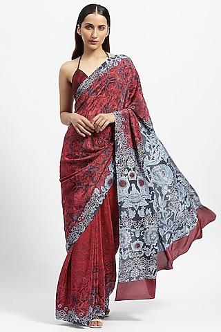 red satin georgette embellished saree