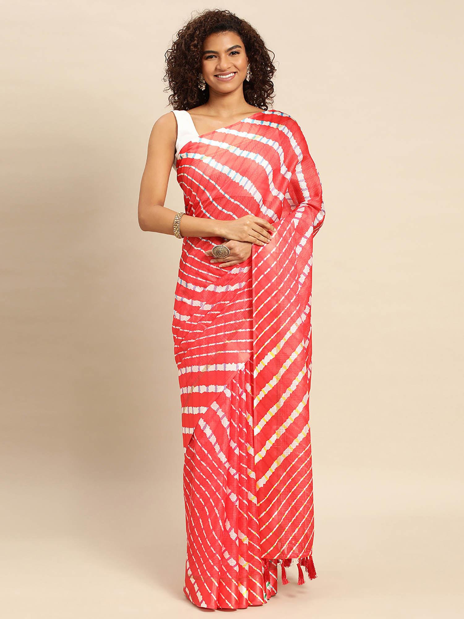 red satin kota batik print saree with unstitched blouse