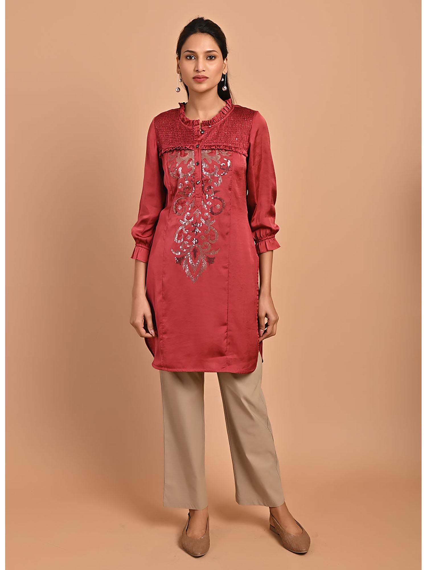 red satin kurti with sequin work and puff sleeves