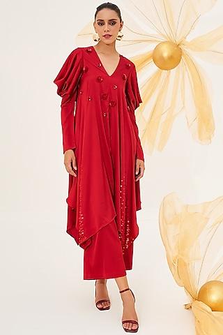 red satin lycra embellished tunic set