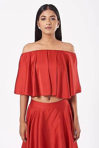 red satin off-shoulder dory ruffle top