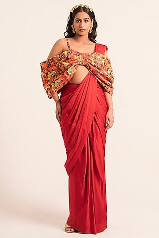 red satin pre-draped saree set