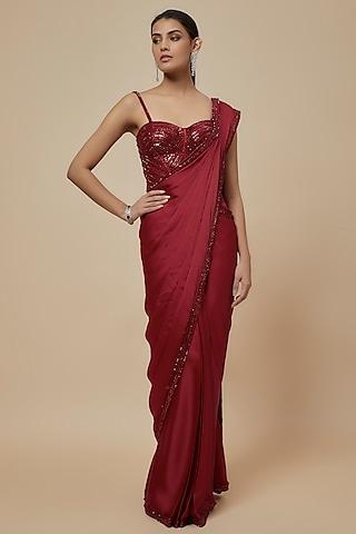 red satin sequins embroidered saree set