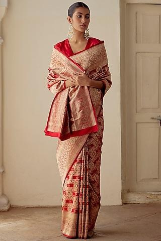 red satin silk brocade embroidered handwoven saree set