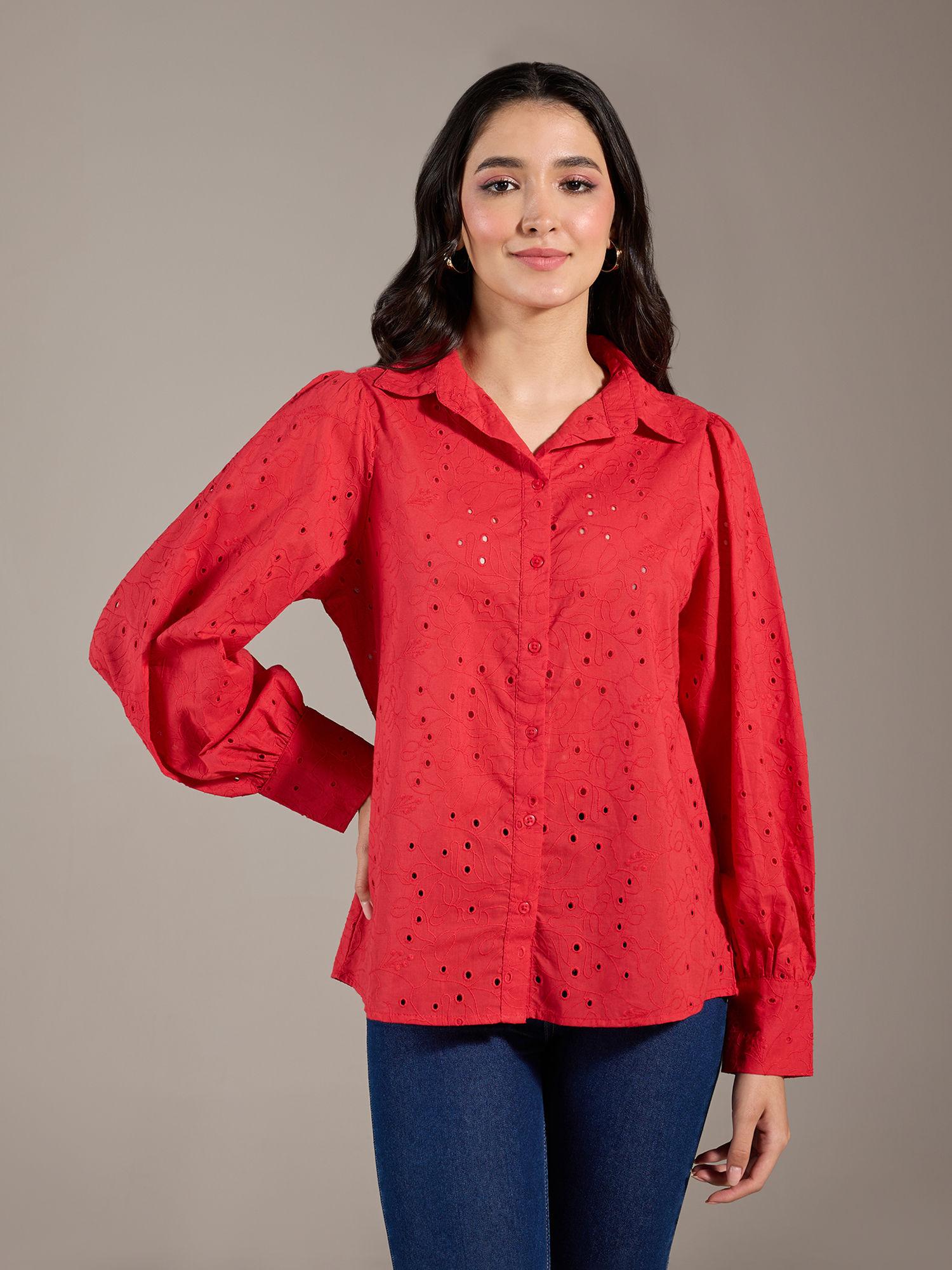 red schiffli embroidered full sleeves shirt