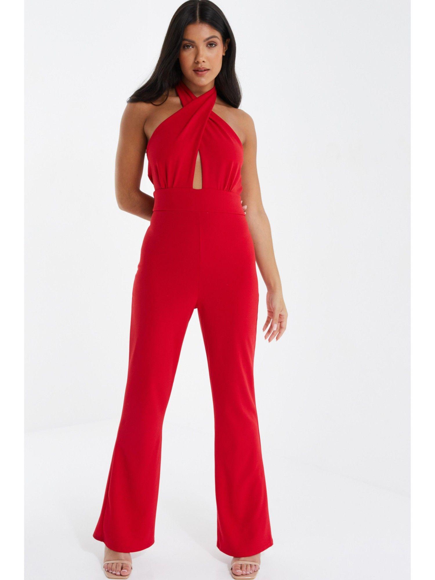 red scuba crepe halter neck palazzo jumpsuit