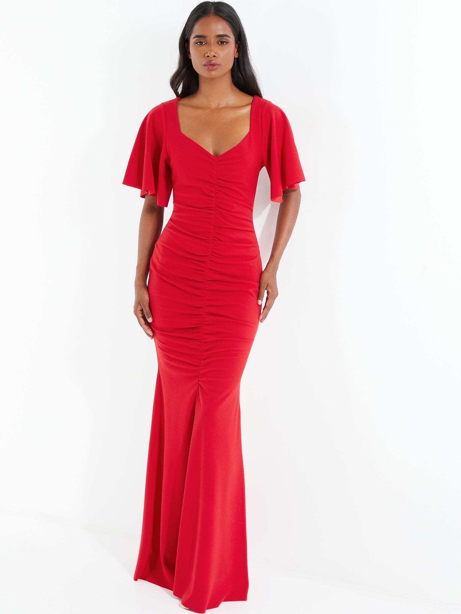 red scuba crepe maxi dress with ruched front