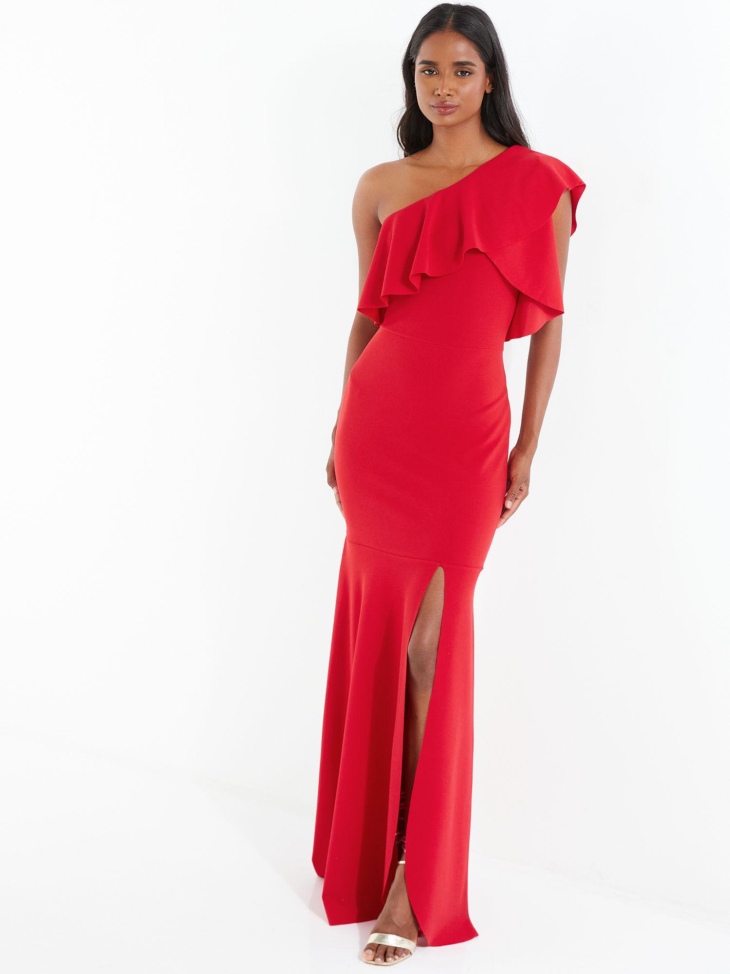 red scuba crepe one shoulder maxi dress with frill detail