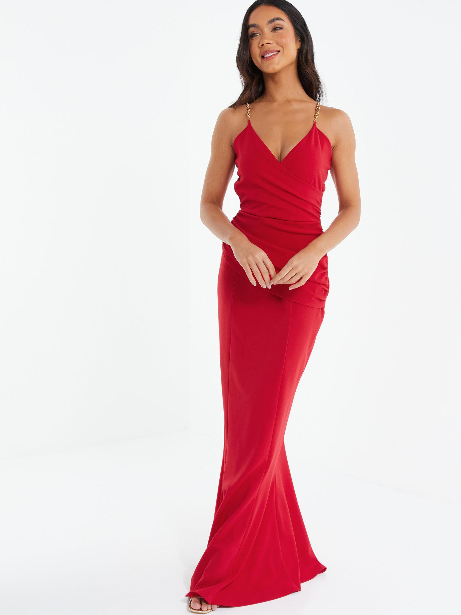 red scuba crepe wrap chain strap maxi dress