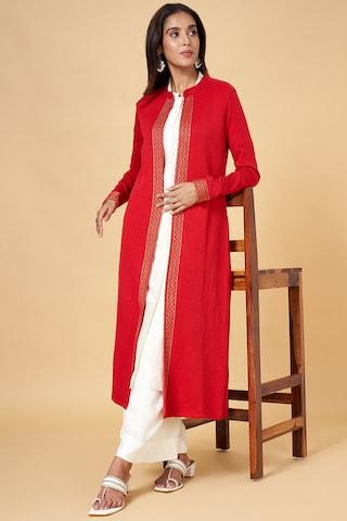 red self design casual full sleeves mandarin women regular fit  cardigan
