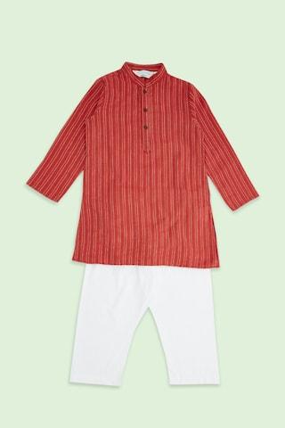 red self design casual mandarin full sleeves thigh-length boys regular fit pant kurta set