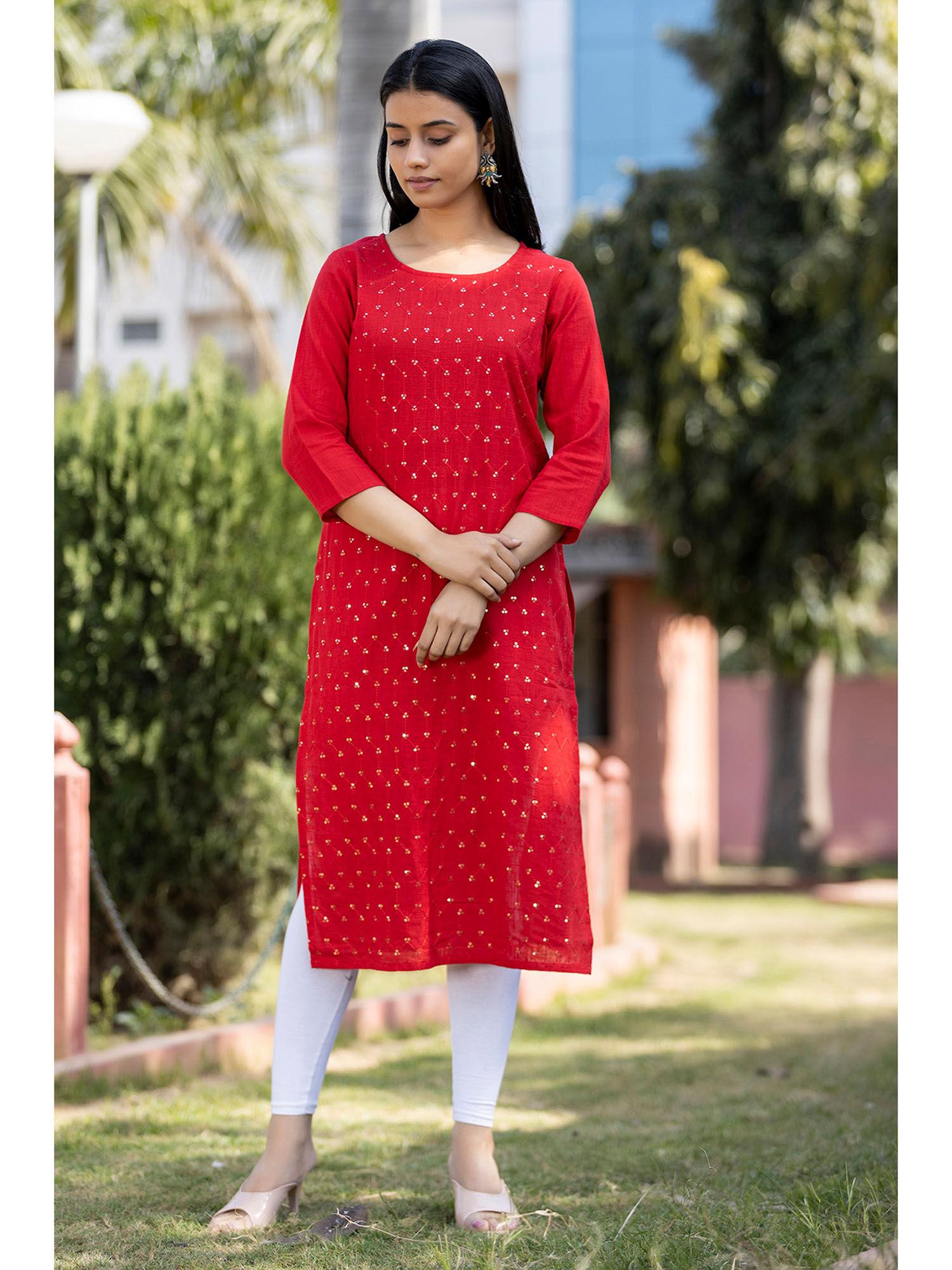 red sequin embroidered cotton kurta