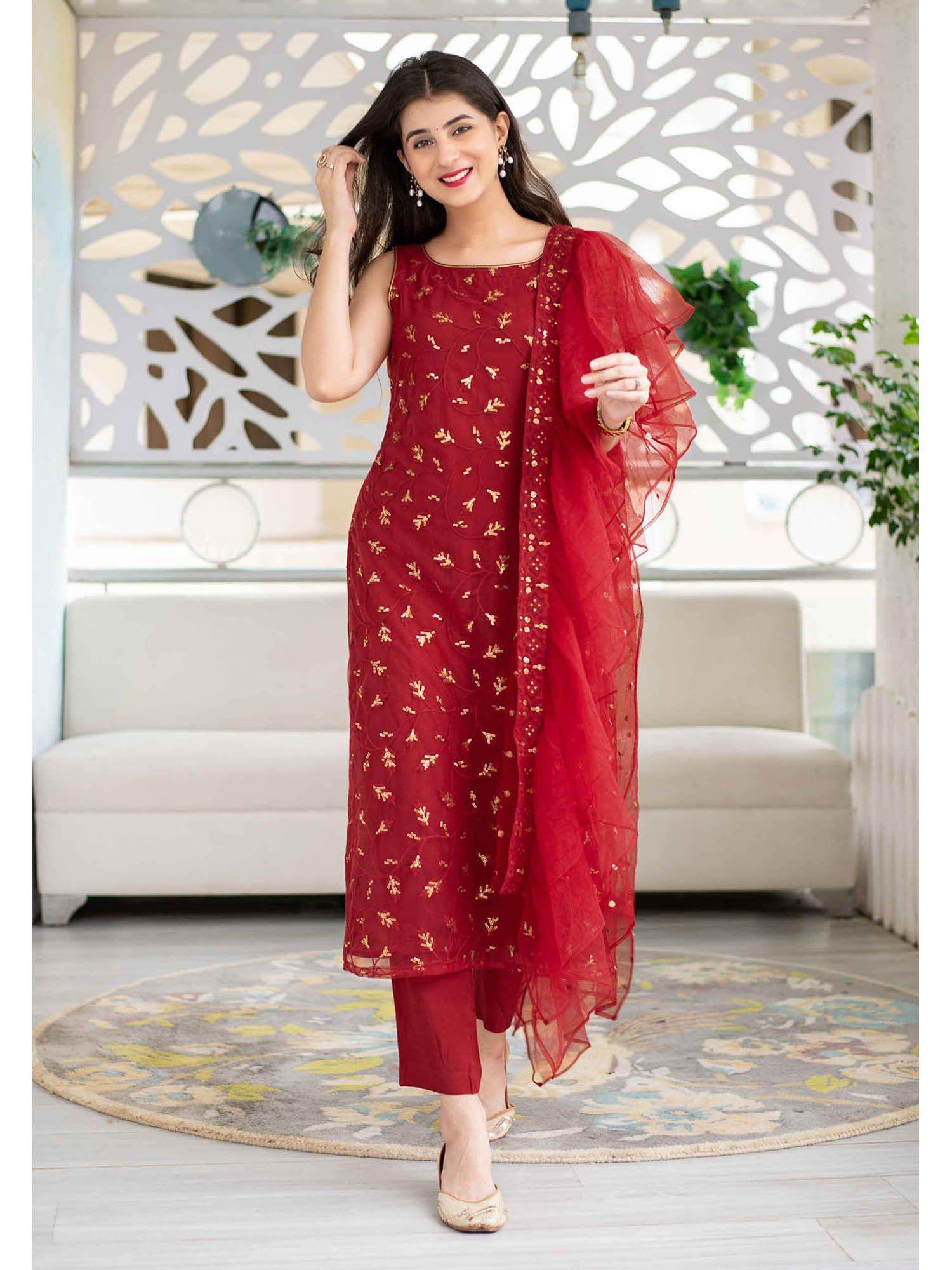 red sequin kurta suit and pant with net ruffle dupatta (set of 3)