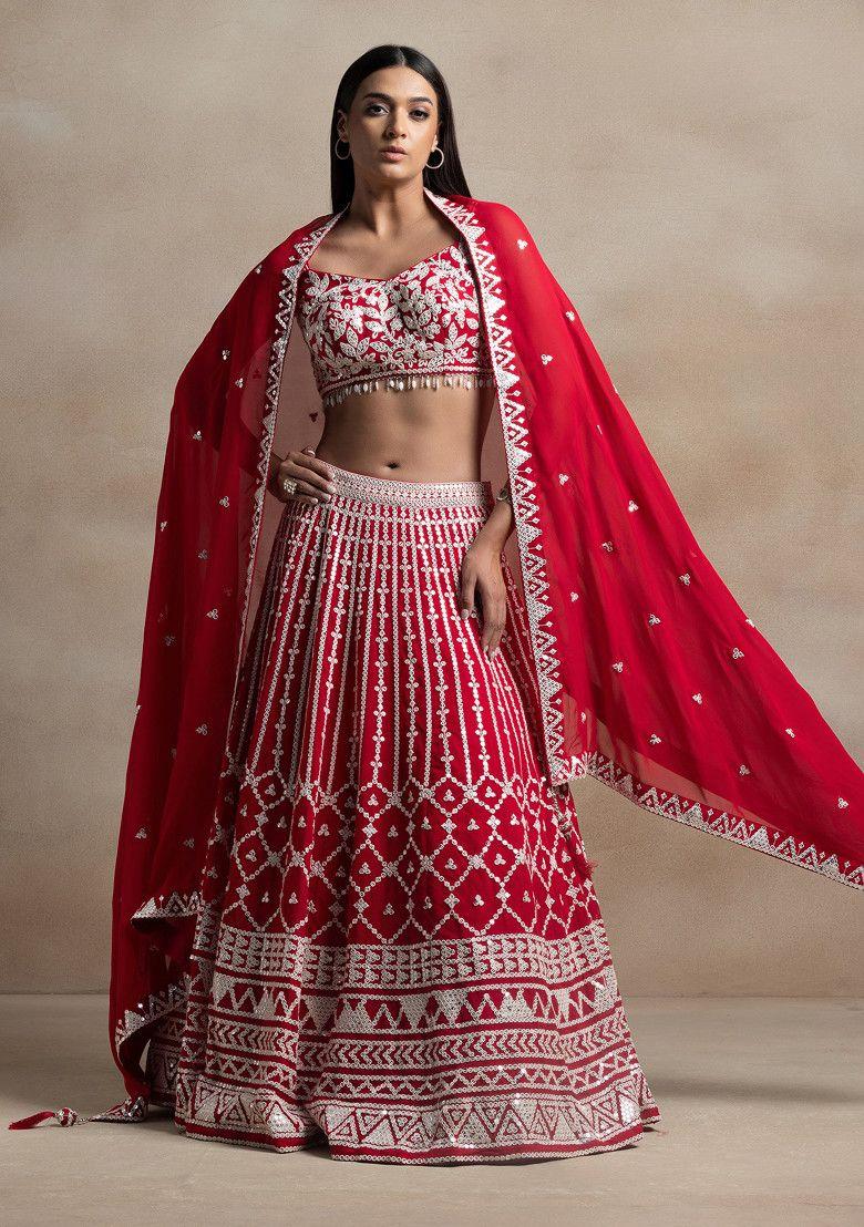 red sequin thread embellished lehenga set with floral embroidered blouse and dupatta