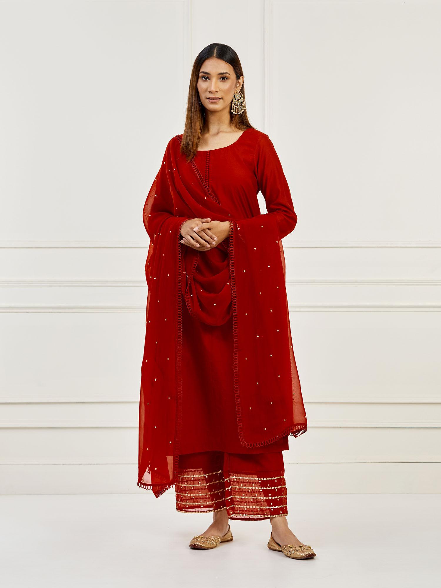 red sequined kurta with pants (set of 3)