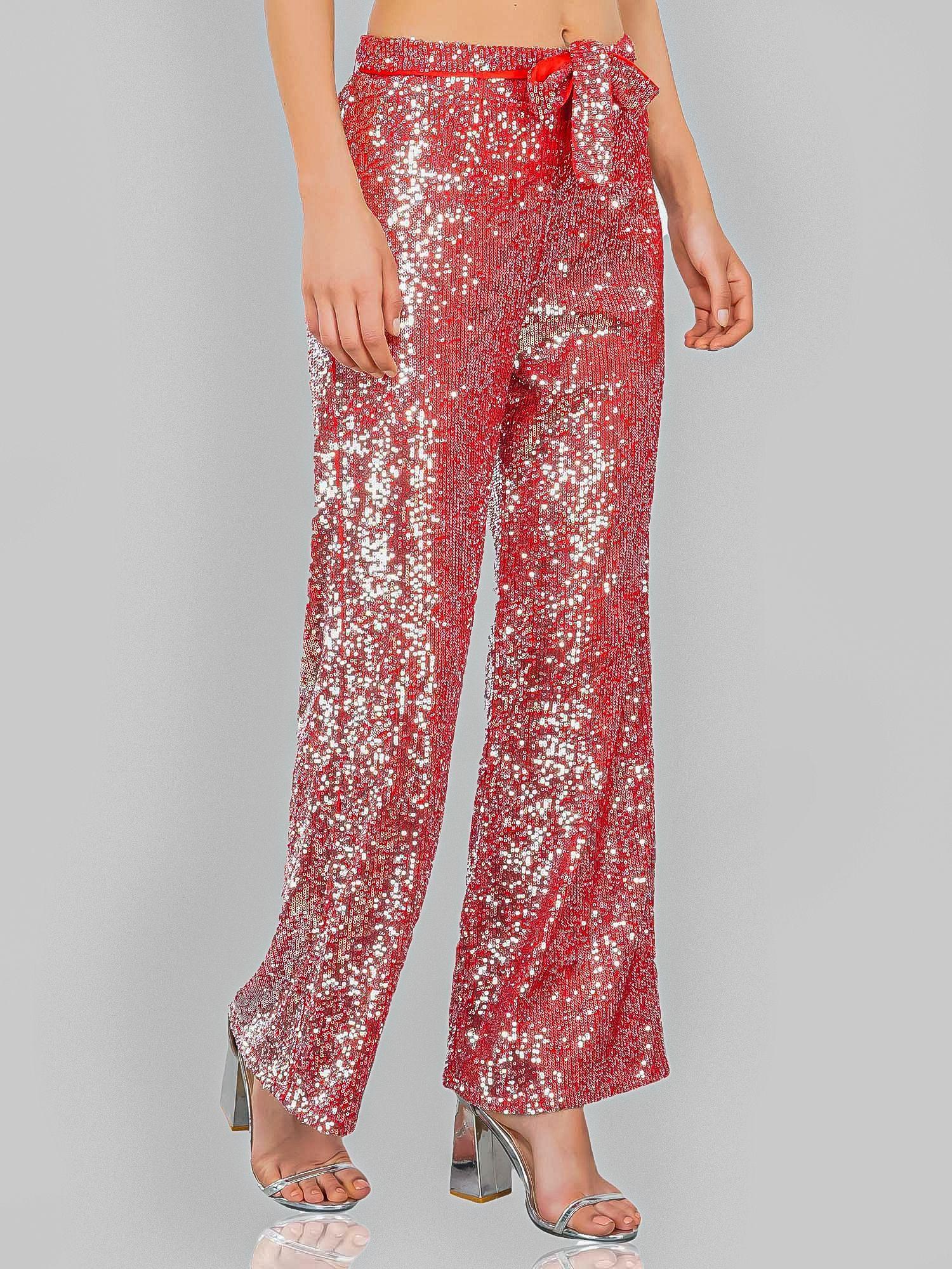 red sequined tulle high raise pants