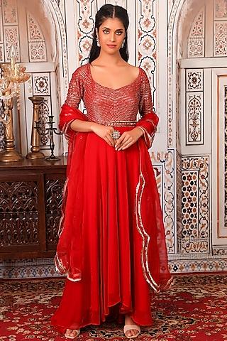 red sequins embellished anarkali set