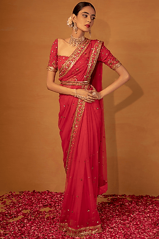 red sequins embellished saree set