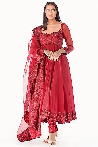 red sequins embroidered anarkali set