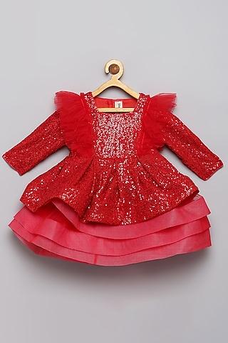 red sequins embroidered layered dress for girls