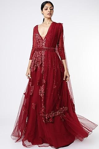 red sequins gown with dupatta