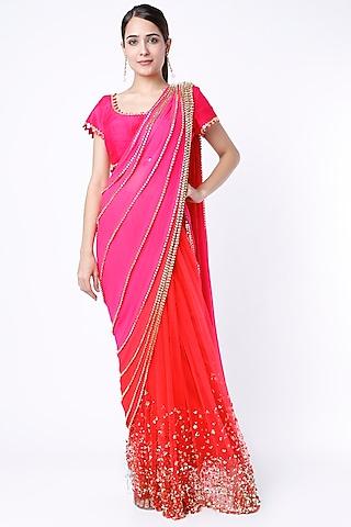 red shaded embroidered pre-stitched saree set