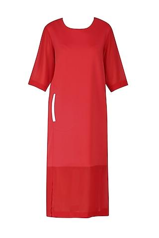 red sheer hem midi dress