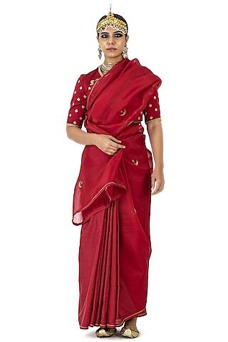 red sheer organza hand embroidered saree