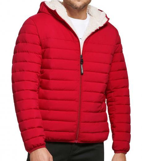 red sherpa lined hooded puffer jacket