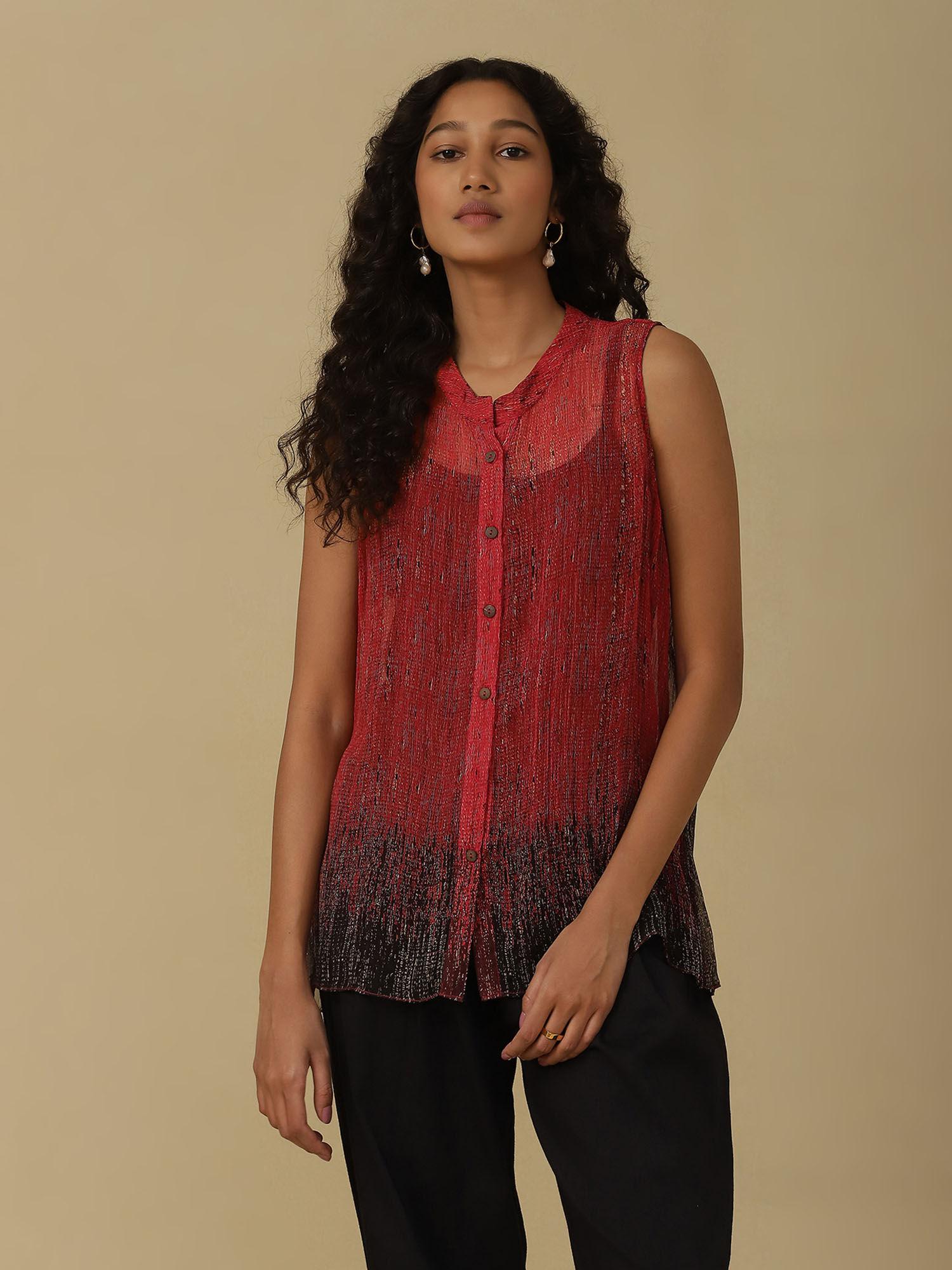 red shibori printed shirt with camisole (set of 2)