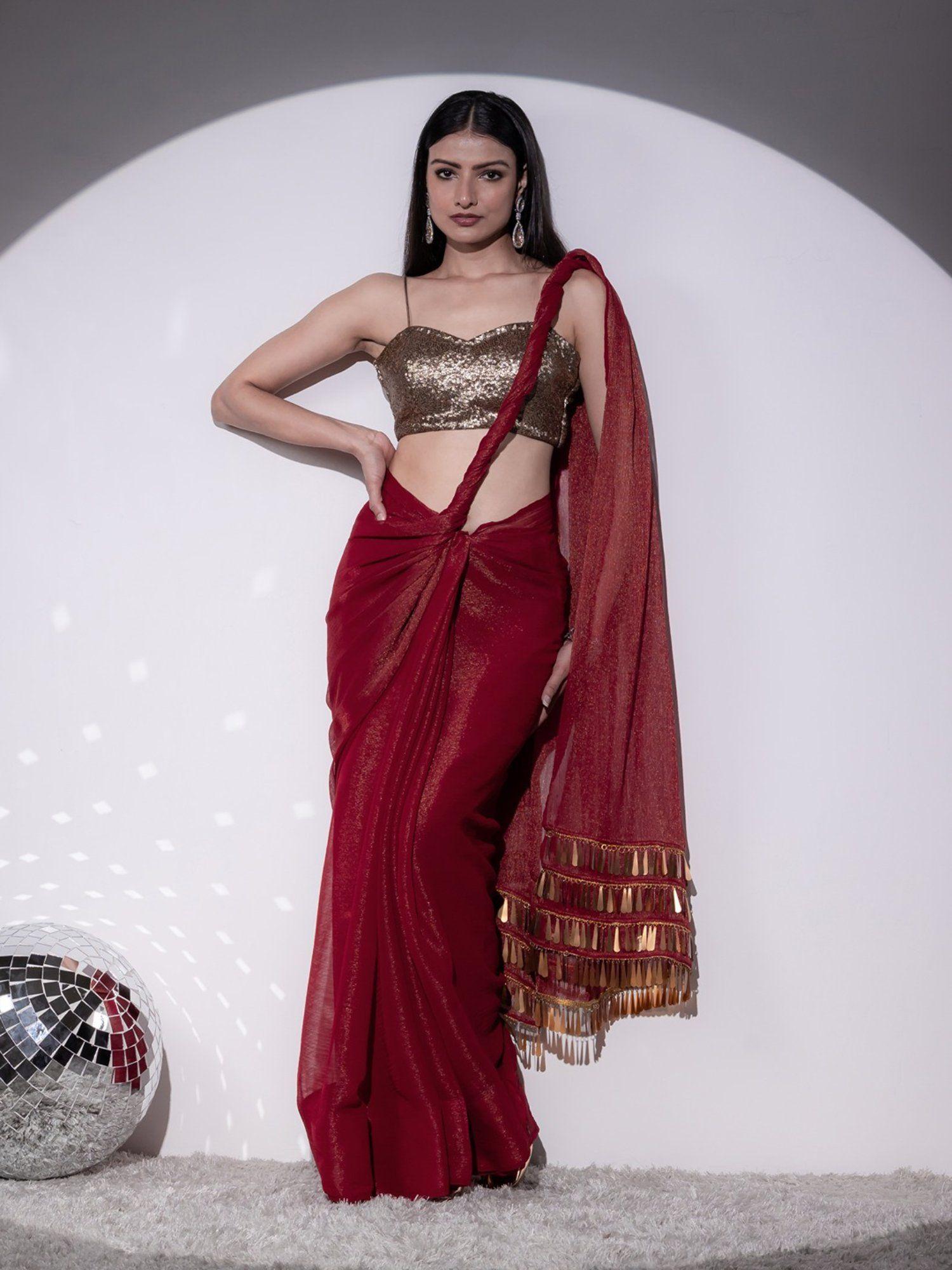 red shimmer & shine chiffon saree with unstitched blouse fabric