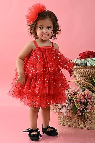 red shimmer net printed layered dress for girls