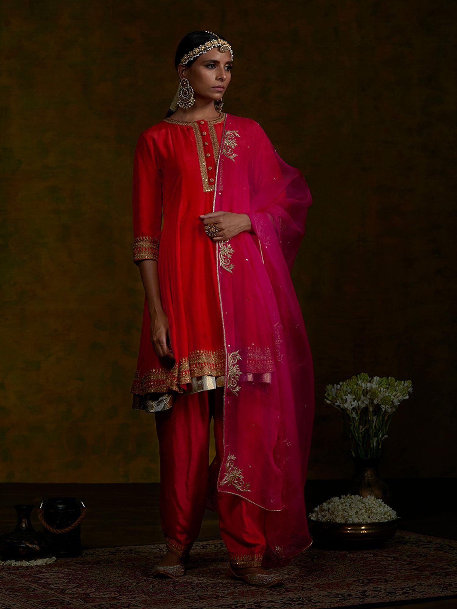 red short gherdar and salwar set with pink embroidered dupatta (set of 3)