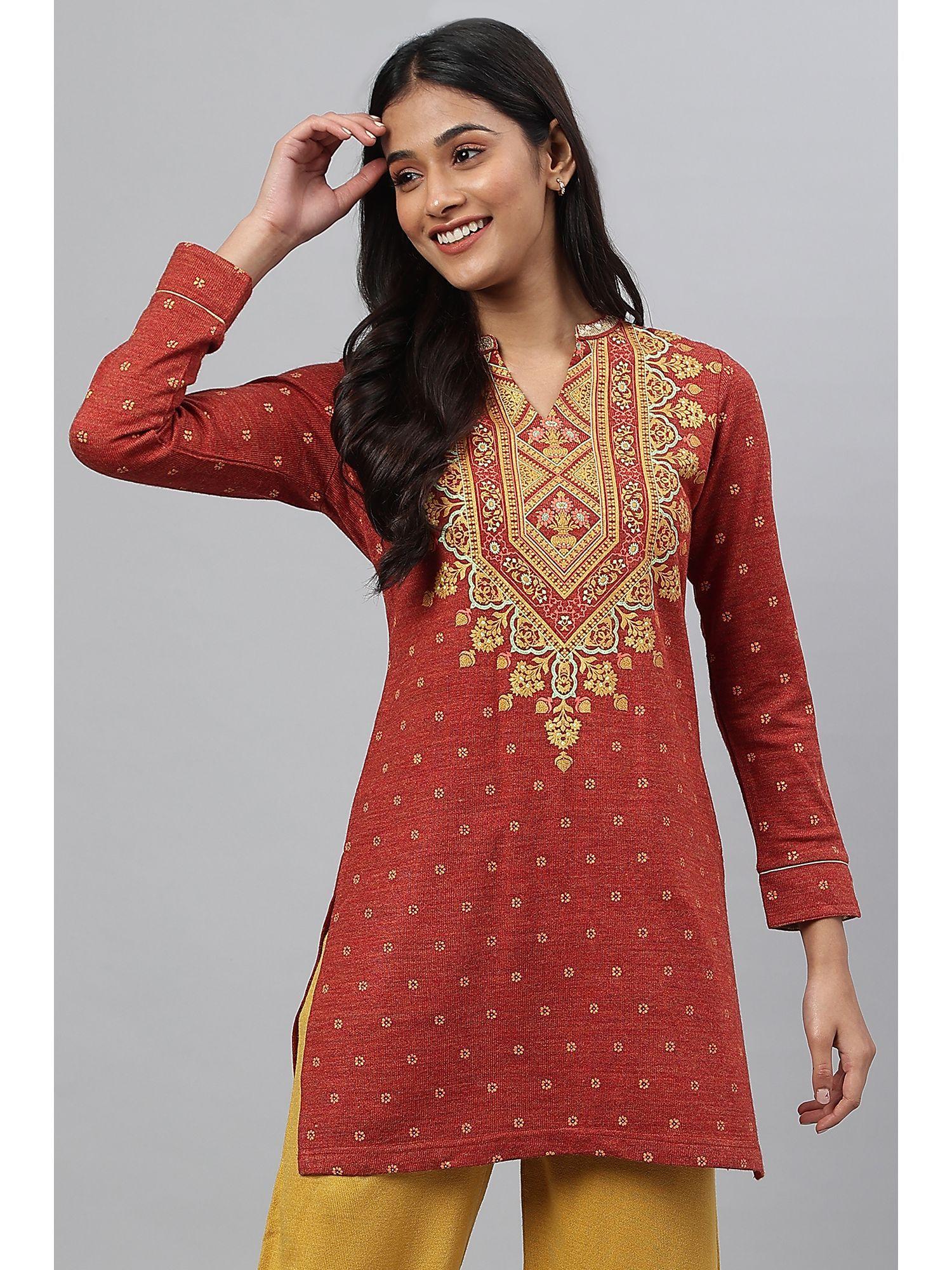 red short kurti with gold khadi print