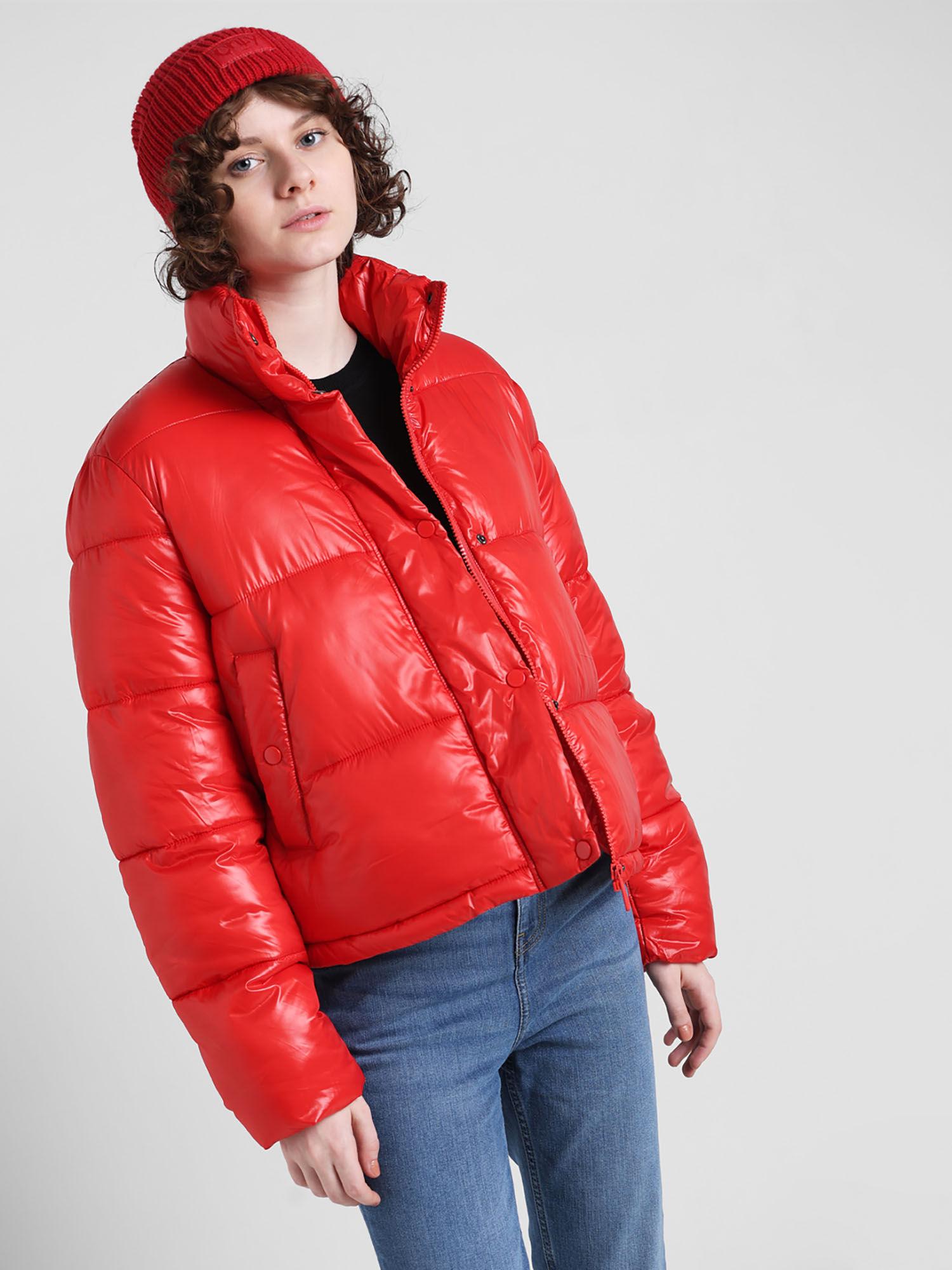 red short puffer jacket