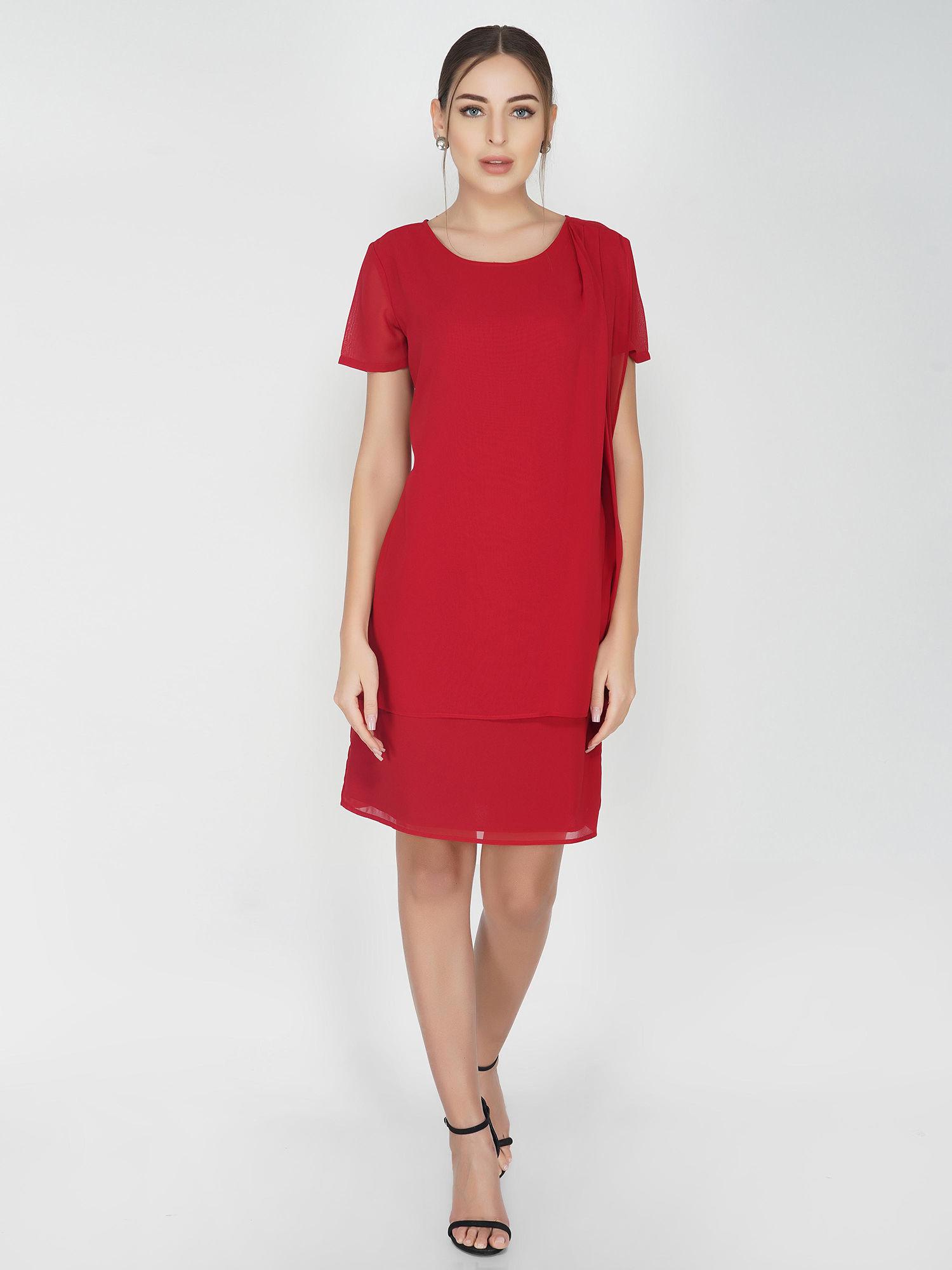 red shoulder pleated solid dress