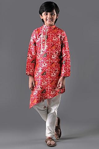 red silk & cotton printed kurta set for boys