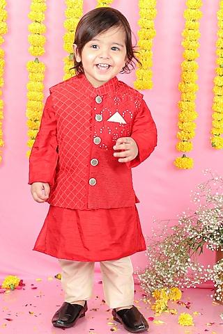red silk & cotton silk embroidered jacket with kurta set for boys